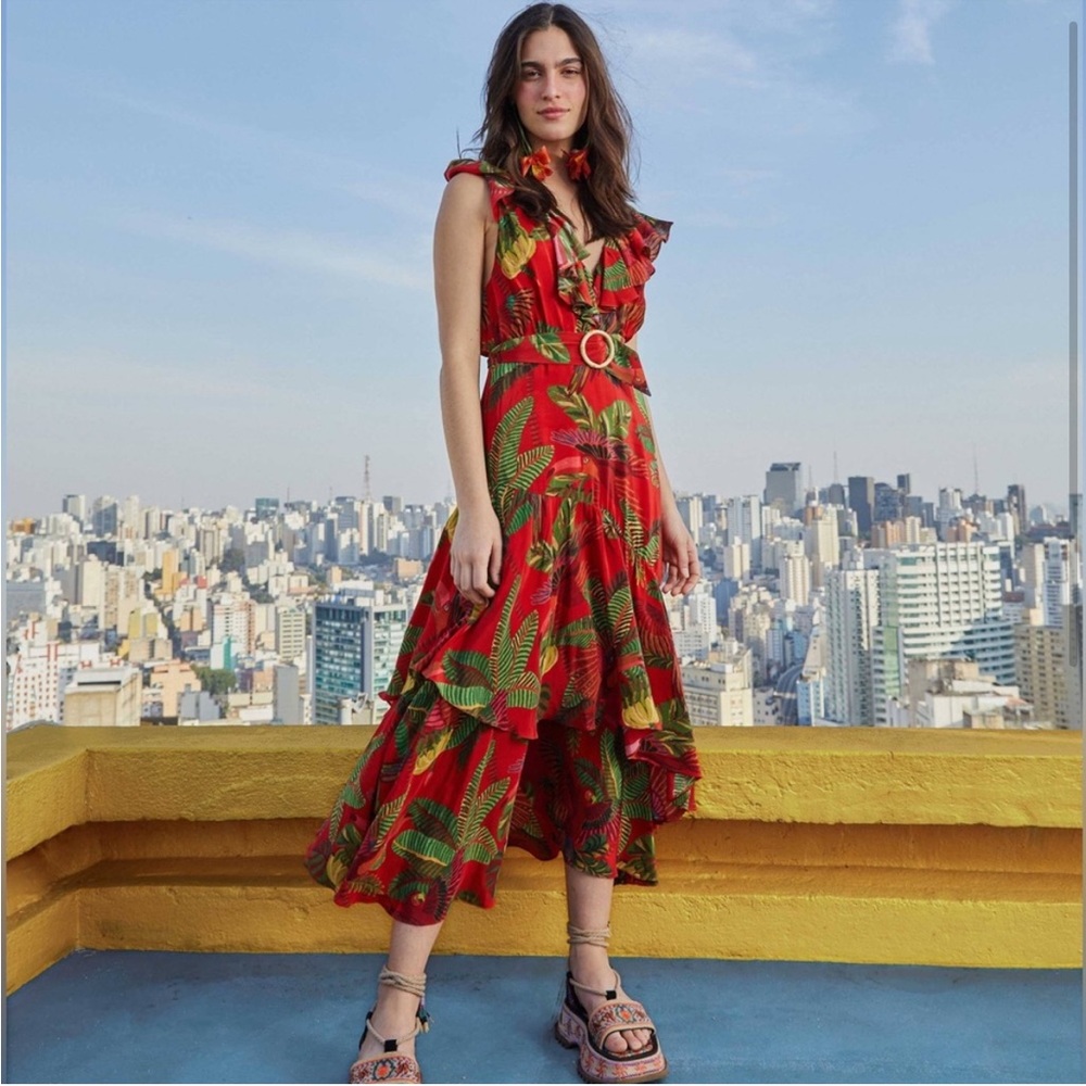 FARM RIO Red Forest Birds Midi Dress, Size Small, Like New Condition